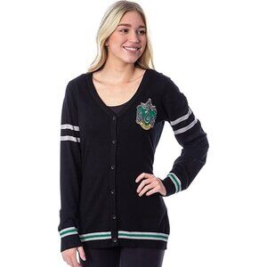HARRY POTTER Slytherin House Crest Open Front Cardigan Juniors Knit Sweater